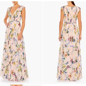 MAC DUGGAL PLEATED FLORAL CAP SLEEVE A-LINE PINK MULTI GOWN sz 14